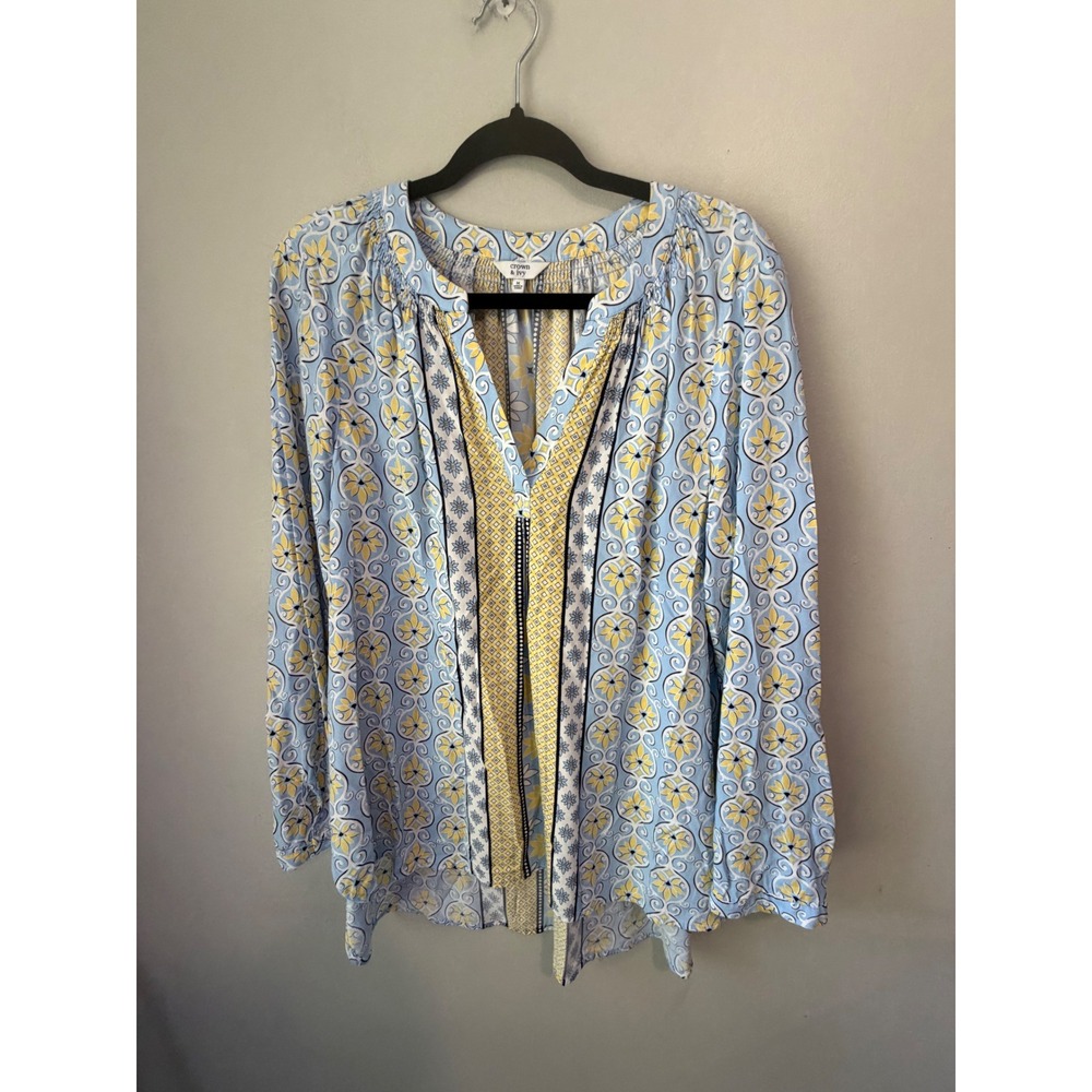 Crown & Ivy Womens Blue Yellow Floral Medallion Print Rayon Blouse Size M